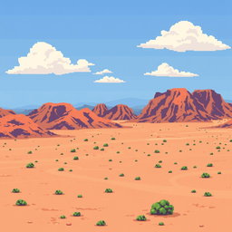 a pixel art depiction of a vast desert landscape predominantly filled with brown hillocks, sandy terrain with small green bushes scattered across, a clear blue sky sprinkled with a few white clouds, all in a retro style that mirrors classic 2D video game graphics
