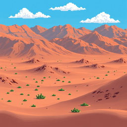 a pixel art depiction of a vast desert landscape predominantly filled with brown hillocks, sandy terrain with small green bushes scattered across, a clear blue sky sprinkled with a few white clouds, all in a retro style that mirrors classic 2D video game graphics