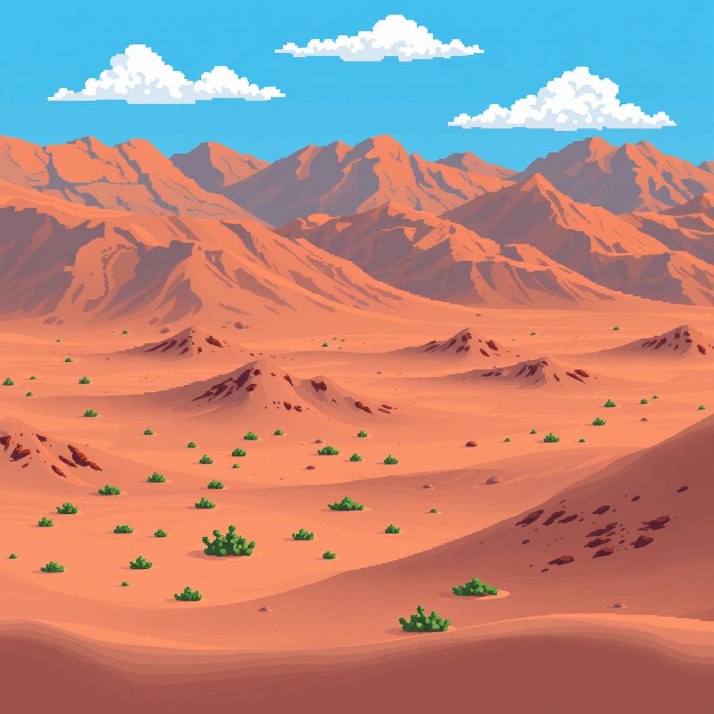 a pixel art depiction of a vast desert landscape predominantly filled with brown hillocks, sandy terrain with small green bushes scattered across, a clear blue sky sprinkled with a few white clouds, all in a retro style that mirrors classic 2D video game graphics