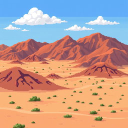 a pixel art depiction of a vast desert landscape predominantly filled with brown hillocks, sandy terrain with small green bushes scattered across, a clear blue sky sprinkled with a few white clouds, all in a retro style that mirrors classic 2D video game graphics