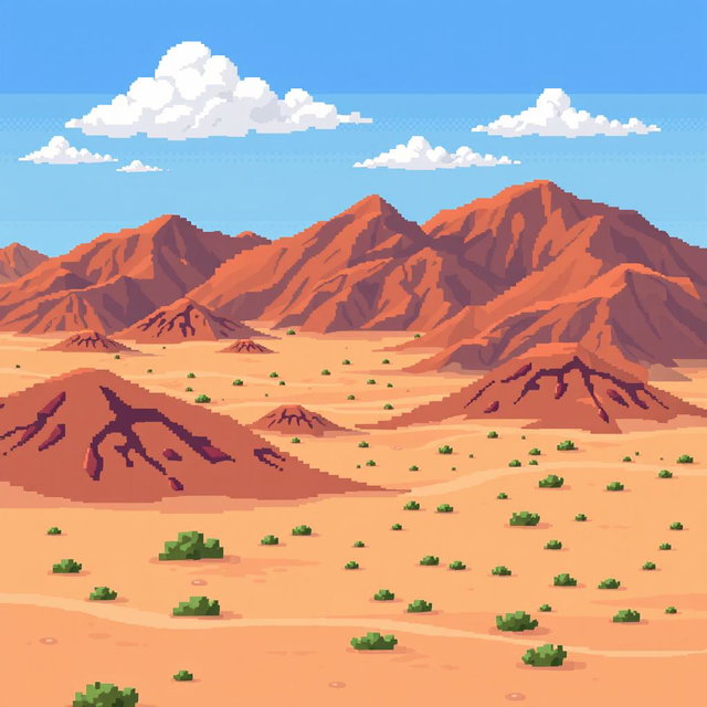 a pixel art depiction of a vast desert landscape predominantly filled with brown hillocks, sandy terrain with small green bushes scattered across, a clear blue sky sprinkled with a few white clouds, all in a retro style that mirrors classic 2D video game graphics