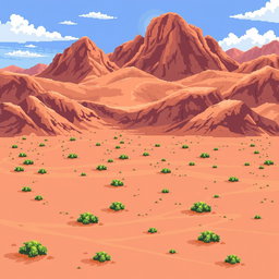 a pixel art depiction of a vast desert landscape predominantly filled with brown hillocks, sandy terrain with small green bushes scattered across, a clear blue sky sprinkled with a few white clouds, all in a retro style that mirrors classic 2D video game graphics