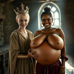 In a sunlit medieval brothel room, the image captures the stark contrast between two women