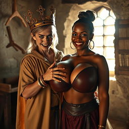 In a sunlit medieval brothel room, the image captures the stark contrast between two women