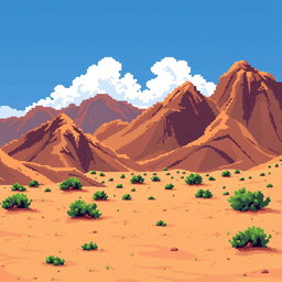 a pixel art depiction of a desert landscape inspired by the terrain of Enciso in La Rioja, featuring brown hillocks that cover most of the image, sandy ground with small green bushes scattered, a vibrant blue sky with a few white clouds, all illustrated in a retro style reminiscent of classic 2D video game graphics