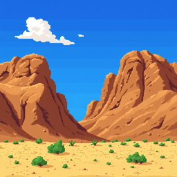 a pixel art depiction of a desert landscape inspired by the terrain of Enciso in La Rioja, featuring brown hillocks that cover most of the image, sandy ground with small green bushes scattered, a vibrant blue sky with a few white clouds, all illustrated in a retro style reminiscent of classic 2D video game graphics