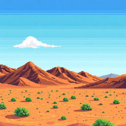 a pixel art depiction of a desert landscape inspired by the terrain of Enciso in La Rioja, featuring brown hillocks that cover most of the image, sandy ground with small green bushes scattered, a vibrant blue sky with a few white clouds, all illustrated in a retro style reminiscent of classic 2D video game graphics