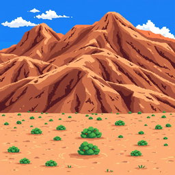 a pixel art depiction of a desert landscape inspired by the terrain of Enciso in La Rioja, featuring brown hillocks that cover most of the image, sandy ground with small green bushes scattered, a vibrant blue sky with a few white clouds, all illustrated in a retro style reminiscent of classic 2D video game graphics