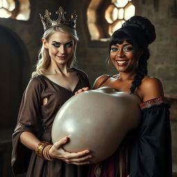 In a sunlit medieval brothel room, the composition features two women with striking contrasts