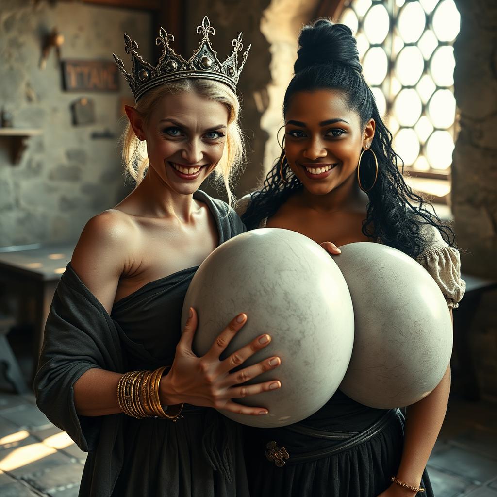 In a sunlit medieval brothel room, the composition features two women with striking contrasts
