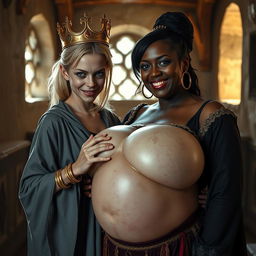 In a sunlit medieval brothel room, the composition features two women with striking contrasts