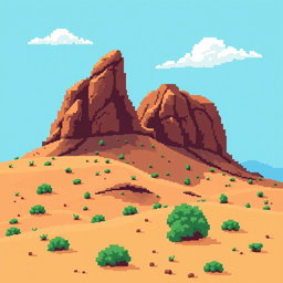 a pixel art scene depicting a desert landscape reminiscent of the terrain in Enciso, La Rioja, featuring brown hillocks dominating the image, sandy ground with small green bushes scattered throughout, an inclined surface that is not completely flat, a bright blue sky with a few white clouds, all illustrated in a retro style akin to classic 2D video game graphics