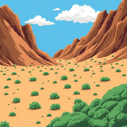 a pixel art scene depicting a desert landscape reminiscent of the terrain in Enciso, La Rioja, featuring brown hillocks dominating the image, sandy ground with small green bushes scattered throughout, an inclined surface that is not completely flat, a bright blue sky with a few white clouds, all illustrated in a retro style akin to classic 2D video game graphics