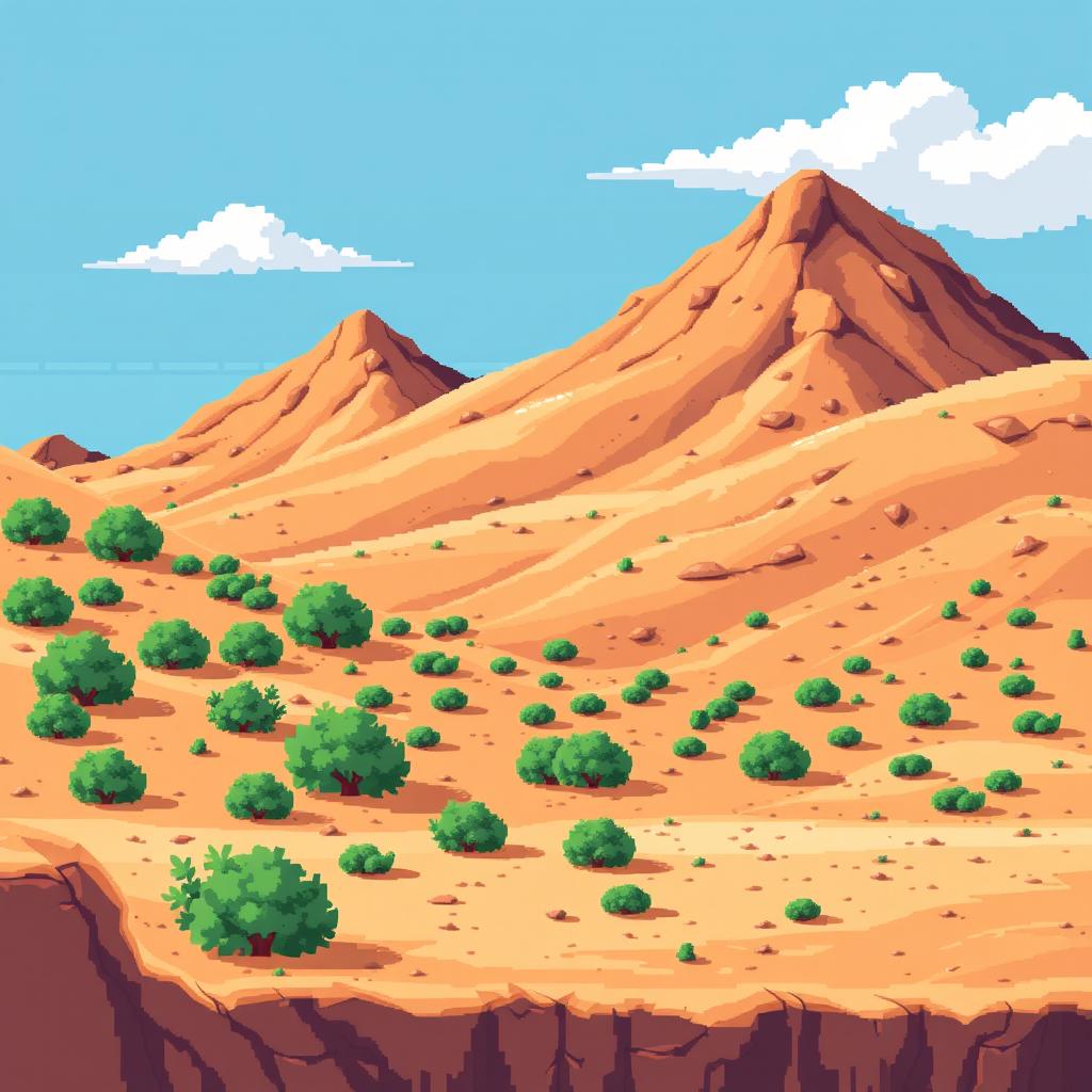 a pixel art scene depicting a desert landscape reminiscent of the terrain in Enciso, La Rioja, featuring brown hillocks dominating the image, sandy ground with small green bushes scattered throughout, an inclined surface that is not completely flat, a bright blue sky with a few white clouds, all illustrated in a retro style akin to classic 2D video game graphics