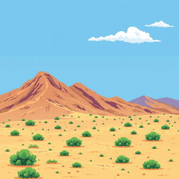 a pixel art scene depicting a desert landscape reminiscent of the terrain in Enciso, La Rioja, featuring brown hillocks dominating the image, sandy ground with small green bushes scattered throughout, an inclined surface that is not completely flat, a bright blue sky with a few white clouds, all illustrated in a retro style akin to classic 2D video game graphics