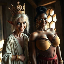 Inside a sunlit medieval brothel room, the scene portrays a striking juxtaposition between two women