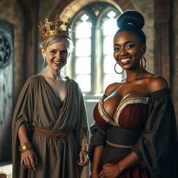 Inside a sunlit medieval brothel room, the scene portrays a striking juxtaposition between two women