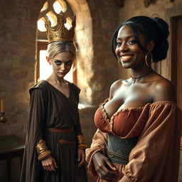 Inside a sunlit medieval brothel room, the scene portrays a striking juxtaposition between two women