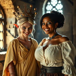 Inside a sunlit medieval brothel room, the scene portrays a striking juxtaposition between two women