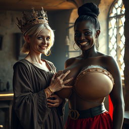 Inside a sunlit medieval brothel room, the scene features a striking dichotomy between two women