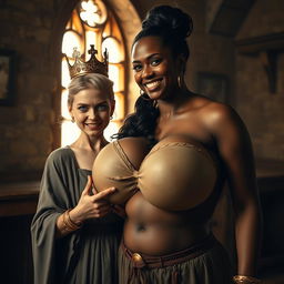 Inside a sunlit medieval brothel room, the scene features a striking dichotomy between two women