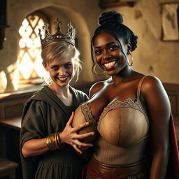 Inside a sunlit medieval brothel room, the scene features a striking dichotomy between two women