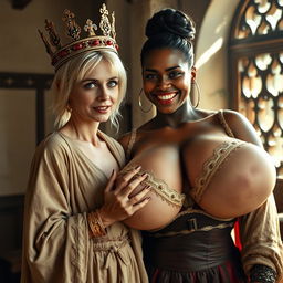 Inside a sunlit medieval brothel room, the scene features a striking dichotomy between two women