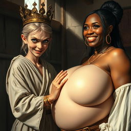 Inside a sunlit medieval brothel room, the scene captures two contrasting women