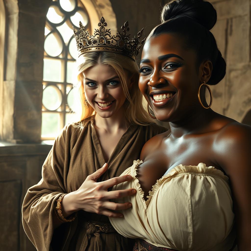 Inside a sunlit medieval brothel room, the scene captures two contrasting women