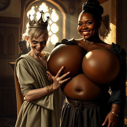 Inside a sunlit medieval brothel room, the scene captures two contrasting women