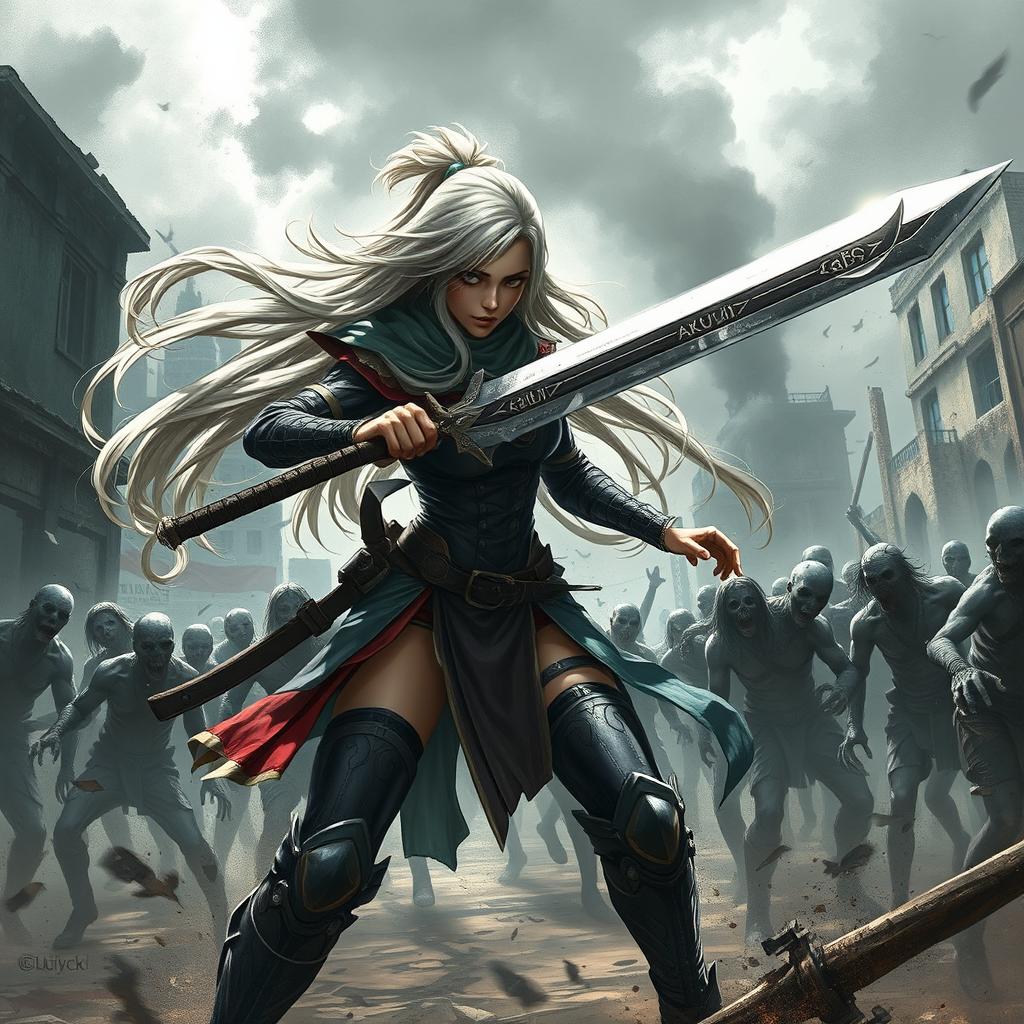 A fierce female warrior with long flowing hair, wearing a battle-ready outfit that features the word 'AKUJII' emblazoned on her clothing