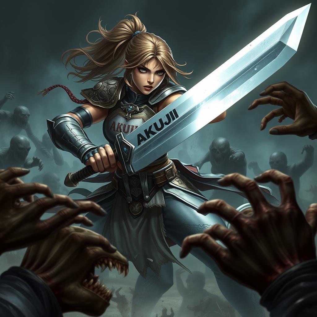 A powerful female warrior wielding a sword, her fierce expression showcasing determination as she battles a horde of menacing zombies