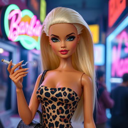 A young blonde Barbie doll with artificially tanned skin, wearing a tight-fitting, short leopard print dress