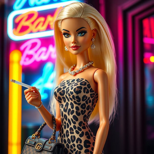 A young blonde Barbie doll with artificially tanned skin, wearing a tight-fitting, short leopard print dress