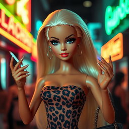 A young blonde Barbie doll with artificially tanned skin, wearing a tight-fitting, short leopard print dress