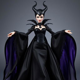 A Barbie Maleficent styled character wearing a majestic black satin and velvet gown with a fitted corset that accentuates her silhouette