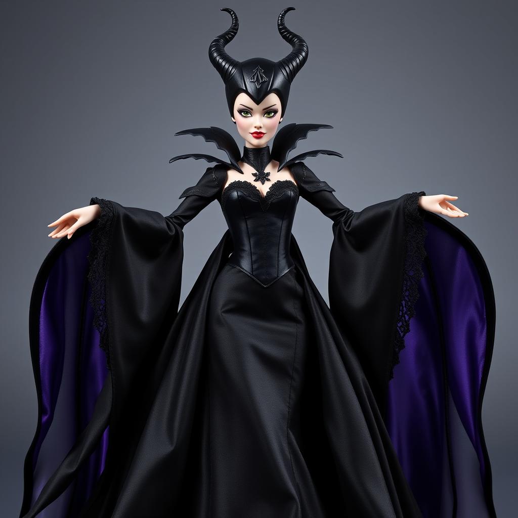A Barbie Maleficent styled character wearing a majestic black satin and velvet gown with a fitted corset that accentuates her silhouette