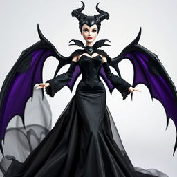 A Barbie Maleficent styled character wearing a majestic black satin and velvet gown with a fitted corset that accentuates her silhouette