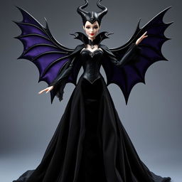 A Barbie Maleficent styled character wearing a majestic black satin and velvet gown with a fitted corset that accentuates her silhouette