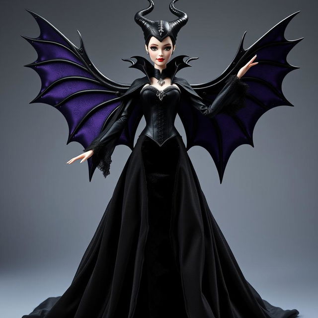 A Barbie Maleficent styled character wearing a majestic black satin and velvet gown with a fitted corset that accentuates her silhouette