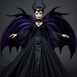 A Barbie Maleficent styled character wearing a majestic black satin and velvet gown with a fitted corset that accentuates her silhouette