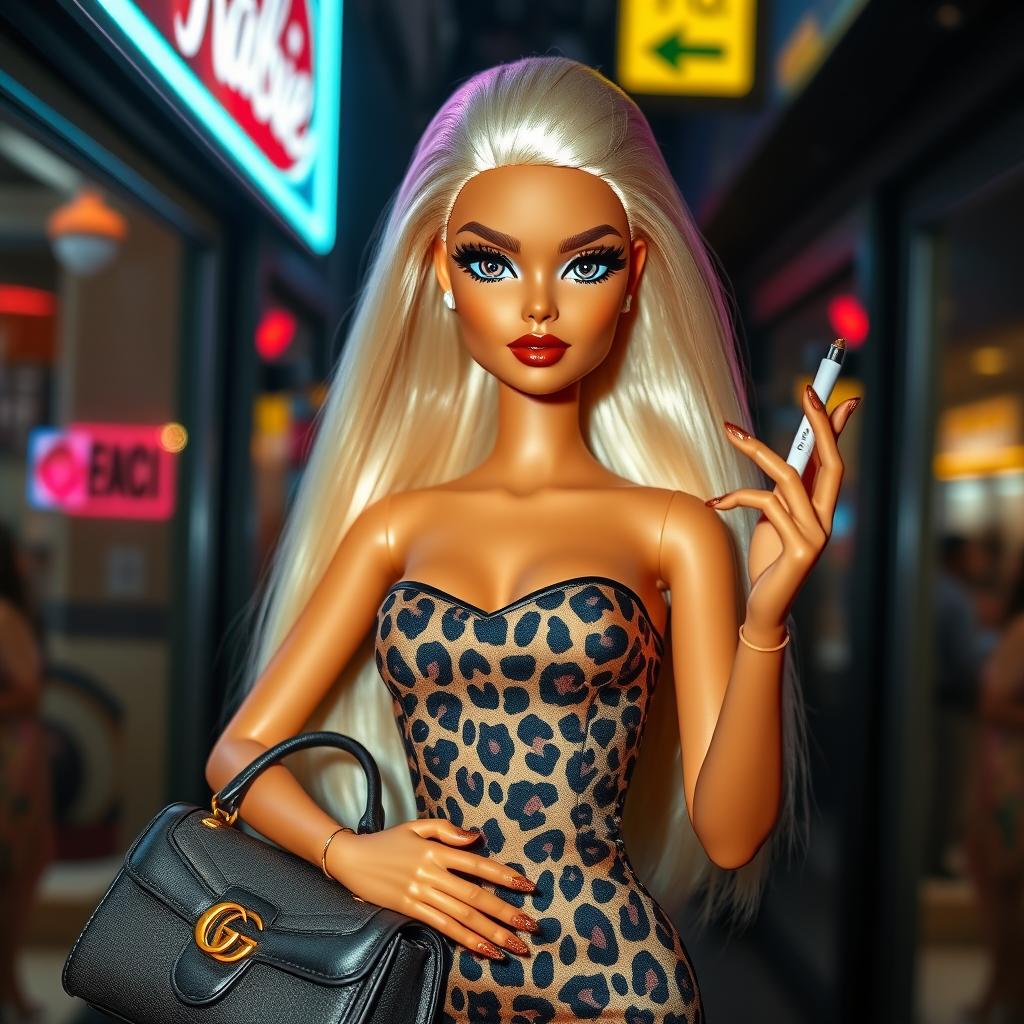 A young blonde witch Barbie with artificially bronzed skin, wearing a short and fitted leopard print dress