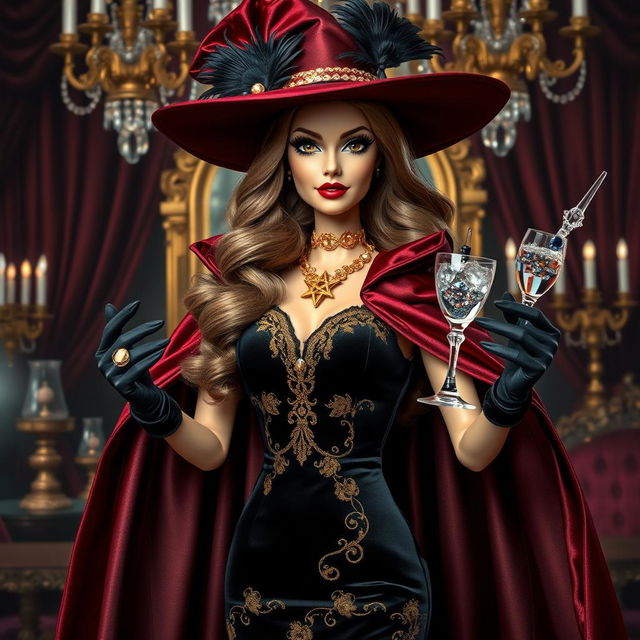 A wealthy and glamorous witch, inspired by Barbie, dazzles in a fitted black velvet dress adorned with golden embroidery and an elegant train