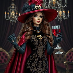 A wealthy and glamorous witch, inspired by Barbie, dazzles in a fitted black velvet dress adorned with golden embroidery and an elegant train