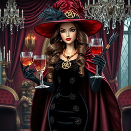 A wealthy and glamorous witch, inspired by Barbie, dazzles in a fitted black velvet dress adorned with golden embroidery and an elegant train