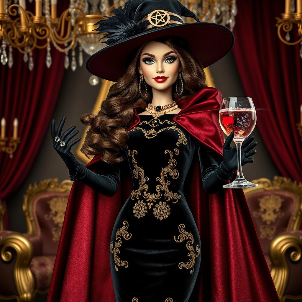 A wealthy and glamorous witch, inspired by Barbie, dazzles in a fitted black velvet dress adorned with golden embroidery and an elegant train