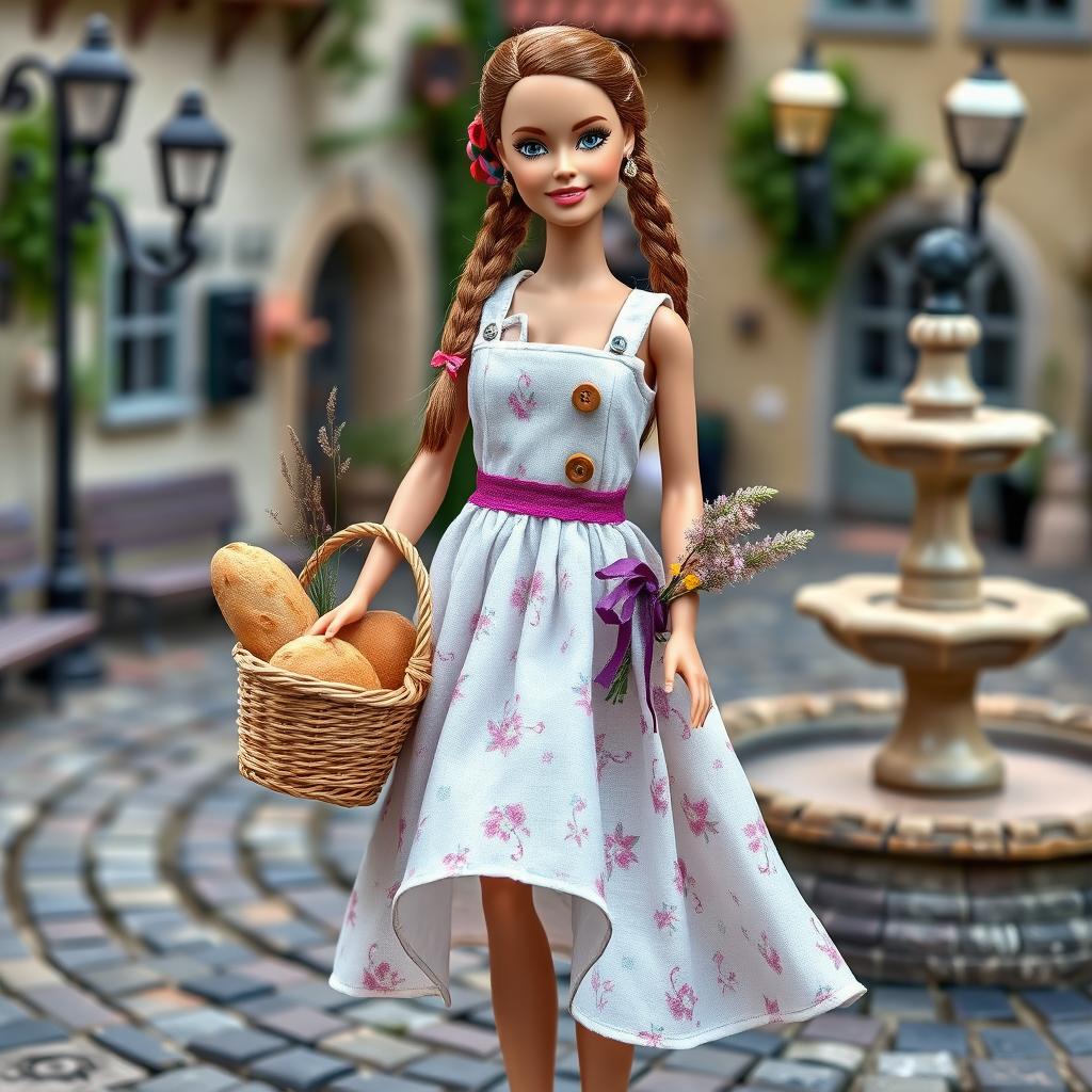 A charming Barbie doll dressed in a lightweight cotton dress with a floral print, featuring a full skirt that flows gracefully