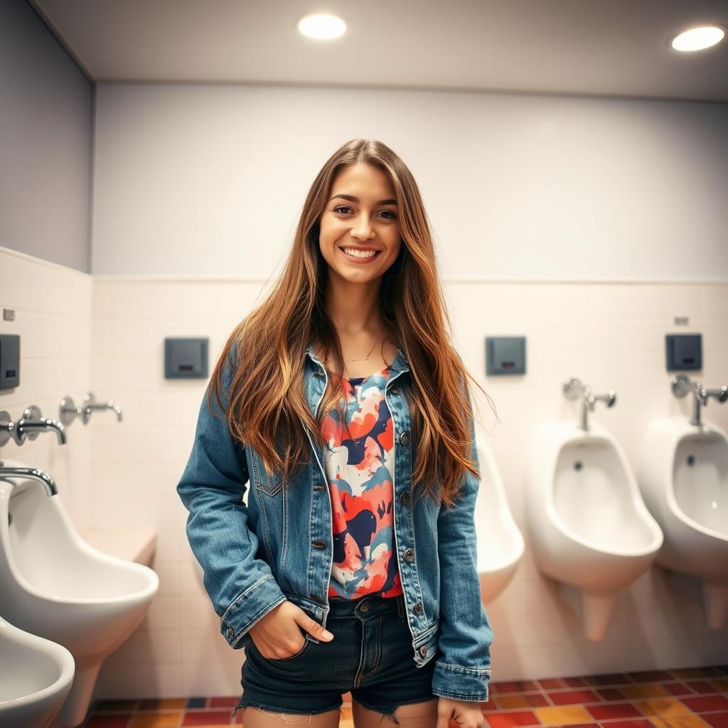 A young woman playfully posing in front of a row of urinals in a stylish, modern public restroom