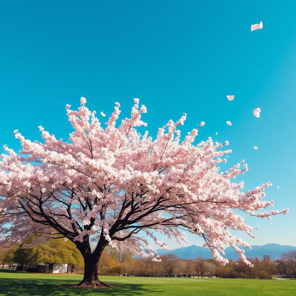 A stunning sakura tree in full bloom, covered with delicate pink flowers under a clear blue sky