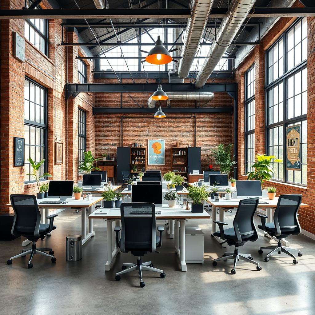 An industrial concept office space measuring 32 feet long and 15 feet wide, showcasing six personal desks arranged in a collaborative layout